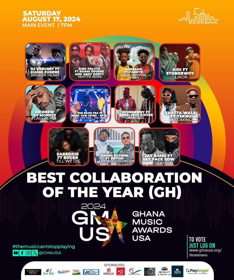 Big ups to @stonebwoy on his nominations at the Ghana Music Awards, USA, in the Artist of the Year, Dancehall Artist of the Year, Most Popular Song of the Year & Collaboration of the Year categories.🎤🎶 —click on his poll button via the attached link to vote. ↳