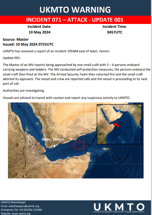 UKMTO WARNINING INCIDENT 071 ATTACK - Update 001 The Master of an MV reports being approached by one small craft with 5 – 6 persons onboard carrying weapons and ladders ukmto.org/indian-ocean/u… #MaritimeSecurity #MarSec