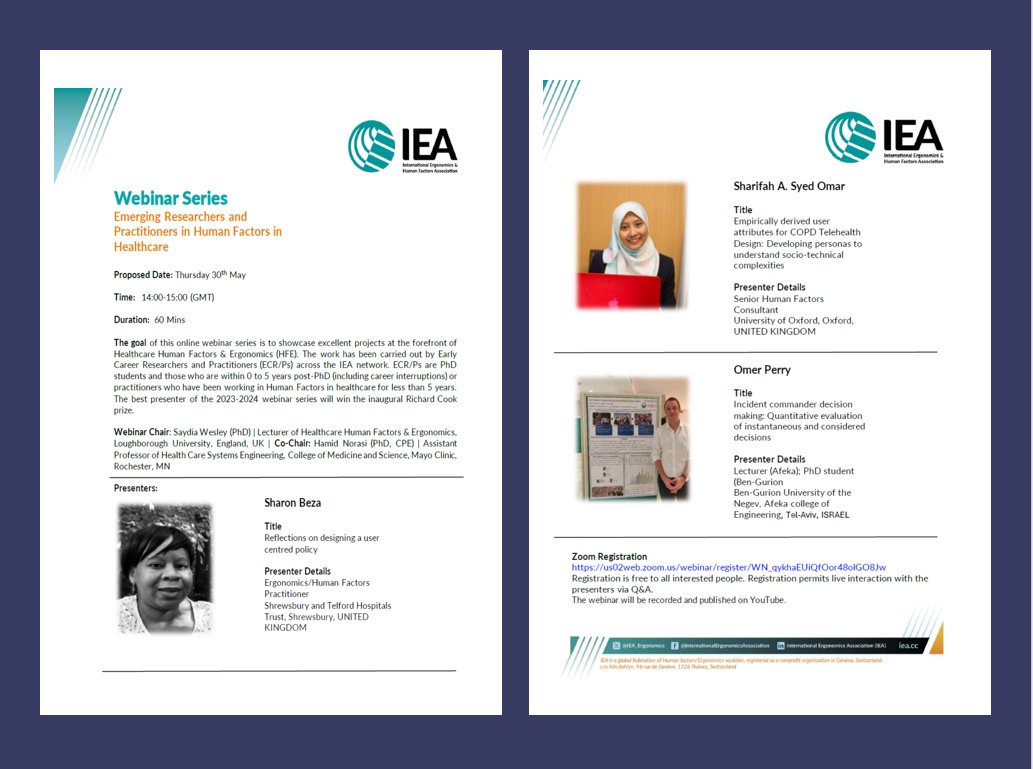 Join us at the @IEA_Ergonomics Early Career Researchers and Practitioners Healthcare #HumanFactors Online Webinar on Thursday May 30th 14:00 (GMT)😁 Register Here: us02web.zoom.us/webinar/regist… @Adeola_B1 @evi_carman to see and discuss excellent HFE topics by our wonderful presenters👏
