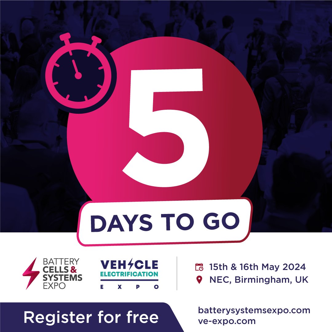 @BatteryCellExpo and @VeExpo is just 5 days away! 🙌 Have you registered yet? 👀 Secure your entry: vist.ly/vndm #BCS24 #VEX24 #BatteryCells #BatterySystems #ElectricVehicles #EV #Expo #Conference #Tradeshow #NEC