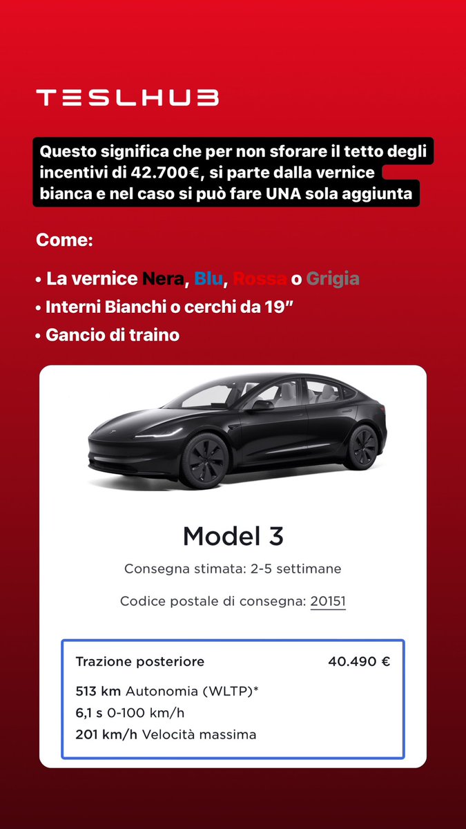 Niente da fare, Tesla mescola di nuovo le carte e mette nuovamente la vernice nera a pagamento su Model 3. 🙄

Questo significa che per rispettare il tetto massimo degli incentivi di 42.700€, dovremo partire dalla vernice bianca e nel caso potremo fare UNA sola aggiunta!