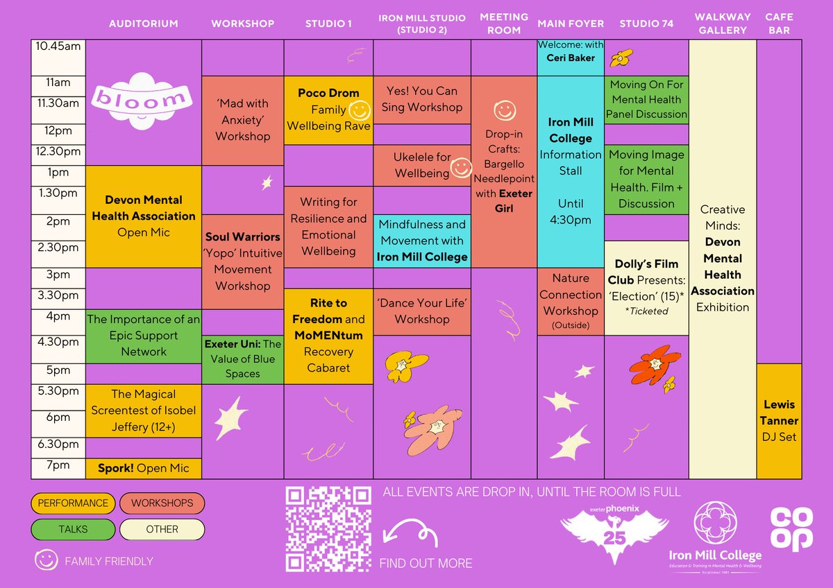 The Devon Mental Health Alliance (@devonmha) on Twitter photo Bloom Festival at <a href="/exeter_phoenix/">Exeter Phoenix</a> is a day of free activities for all ages, to support good mental health and wellbeing. Join us and join in! 🌼
Sunday 12th May 2024, 10:45am – 8:30pm
Free – Sign up in advance or drop in on the day
Programme/Booking link: loom.ly/0SwmD0M Bloom Festival at <a href="/exeter_phoenix/">Exeter Phoenix</a> is a day of free activities for all ages, to support good mental health and wellbeing. Join us and join in! 🌼
Sunday 12th May 2024, 10:45am – 8:30pm
Free – Sign up in advance or drop in on the day
Programme/Booking link: loom.ly/0SwmD0M