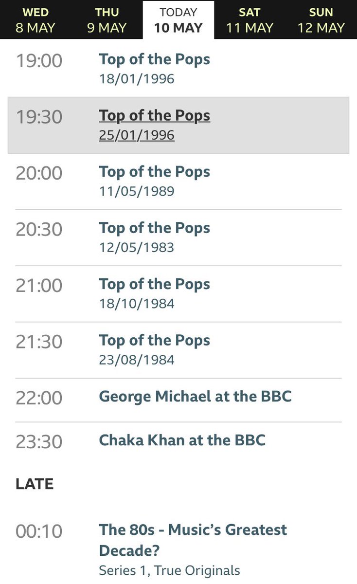 Here’s your incredible BBC4 line up for tonight… with SIX editions of Top Of The Pops, all back to back for three hours. Oh, and the next two Friday nights after this evening are also six ep marathons too. Bring it on. #TOTP