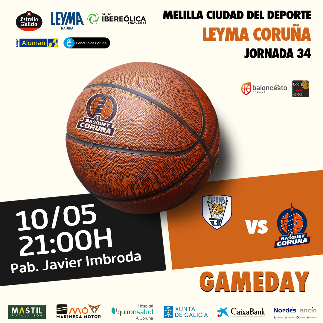 🚨🚨 GAMEDAY 🚨🚨 🔥 DISFRUTA LA PANTALLA GIGANTE Y LA PREVIA DESDE LAS 20H 🔥 🏀 Jornada 34 ⛹🏽 vs @melillabcto 📅 Viernes 10 ⏰ 21:00H 📍 Pab. Javier Imbroda 🖥️ @LaLigaPlus / TVG2 🙌🏼 Anima al equipo en la Explanada de Riazor 🙌🏼 📲 #HagamosHistoria🧡