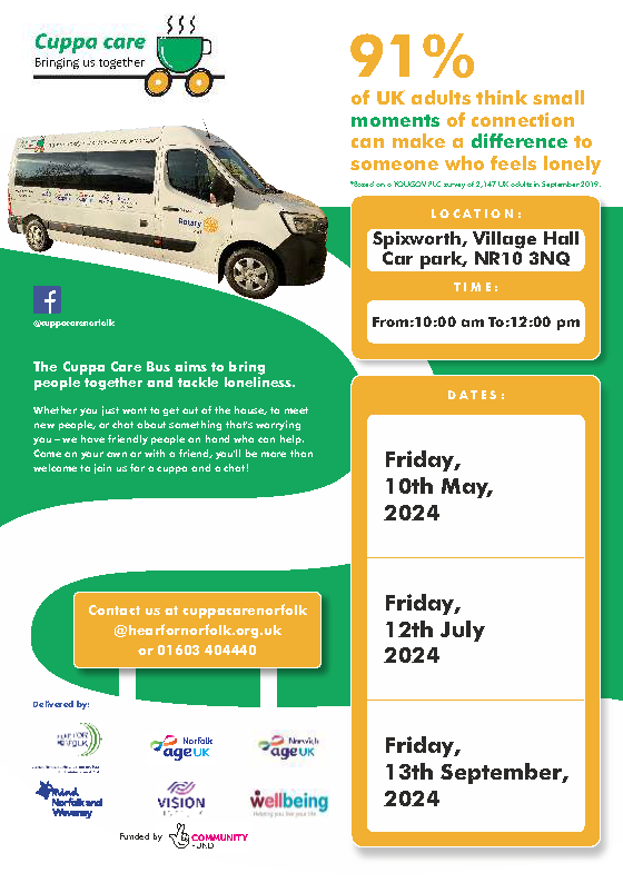 The Cuppa Care bus will be visiting #Spixworth today!

Find us at Spixworth Village Hall Car Park from 10am until noon

hearfornorfolk.org.uk/cuppa-care/

#cuppacare #health #wellbeing #norfolk