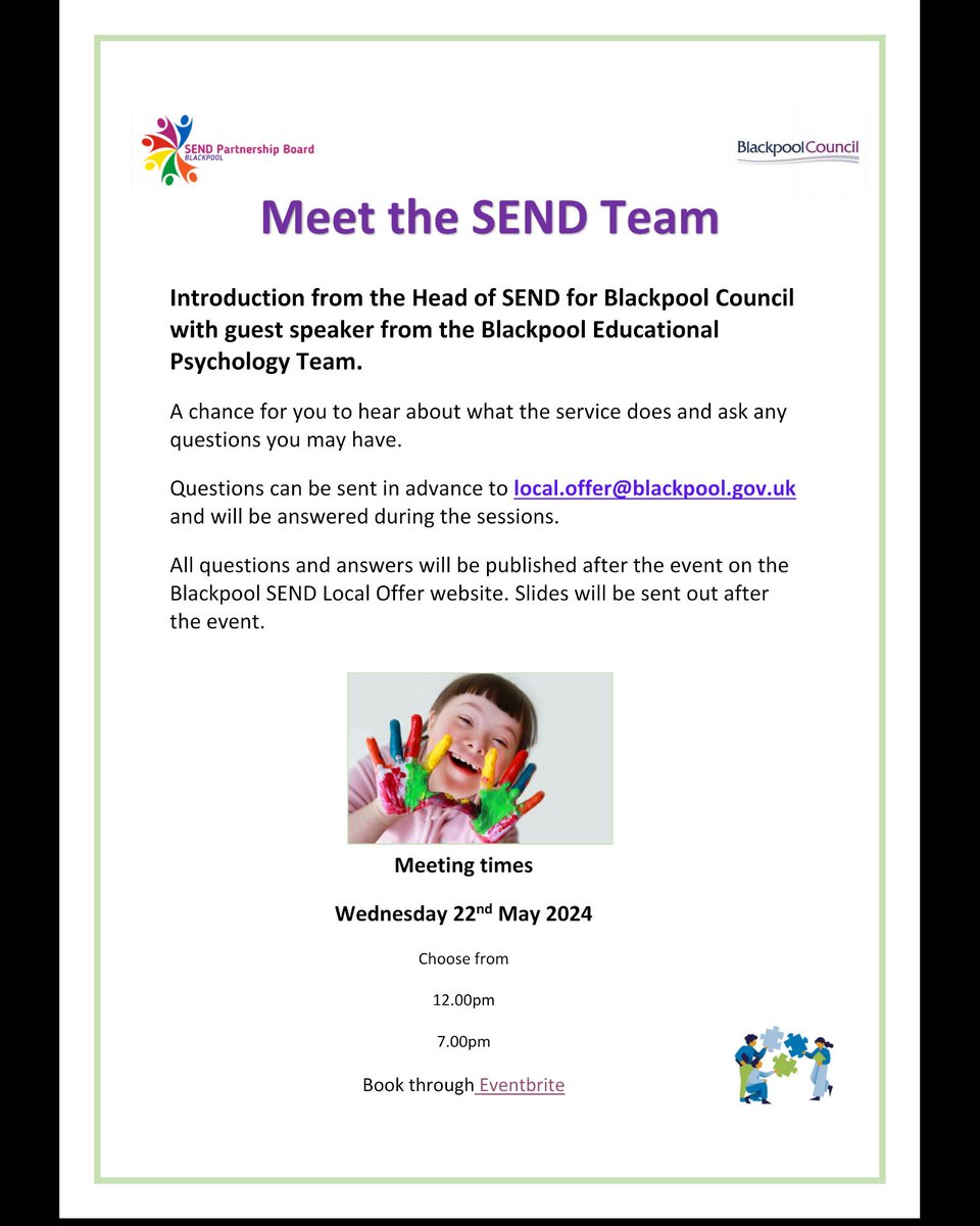 Information from Blackpool #SEND. The next 'Meet the SEND Team' is the 22nd May and the guest speaker is their Principle Educational Psychologist. 

#WeAreMarton #WeAreBrightFutures @BpoolSendiass @BrightFuturesET