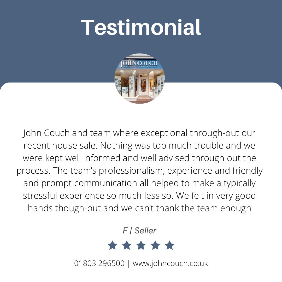A very positive review to start our day 🤩 They're always lovely to receive and we're happy we can help you move on to your next chapter.

📞 01803 296500
📧 mail@johncouch.co.uk 

#torquay #estateagentstorquay #estateagentsdevon #devonproperty