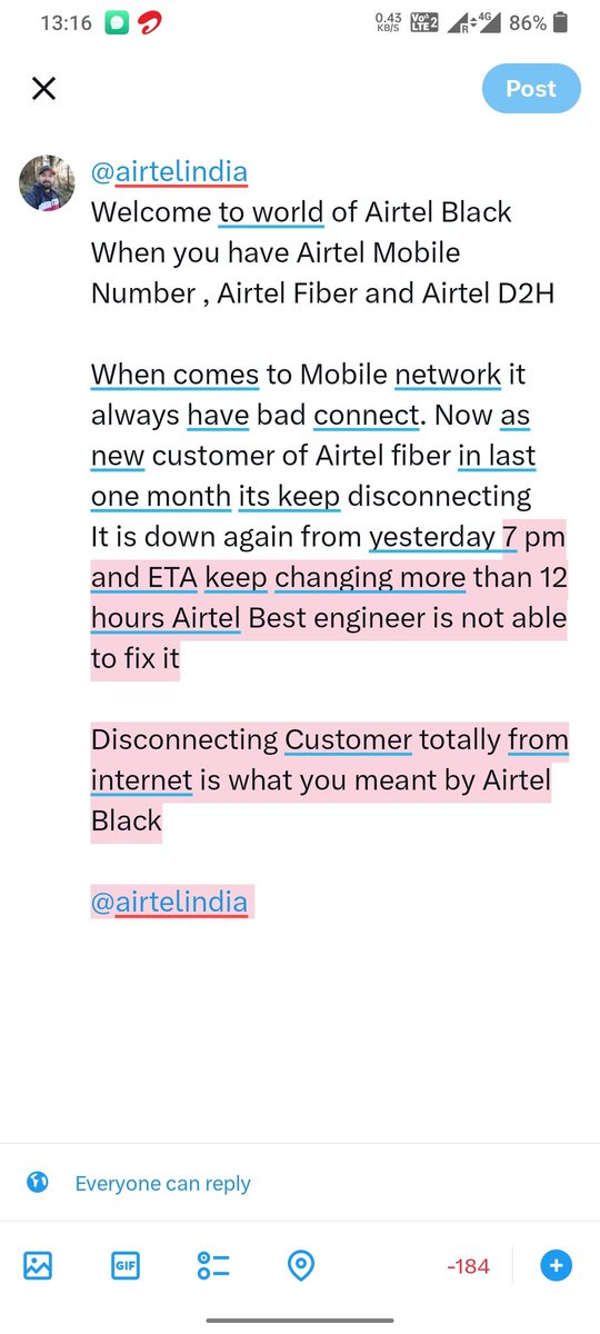 @airtelindia 
Welcome to world of Airtel Black
When you have Airtel Mobile Number , Airtel Fiber and Airtel D2H

When comes to Mobile network it always have bad connect. Now as new customer of Airtel fiber in last one month its keep disconnecting 
It is down again from