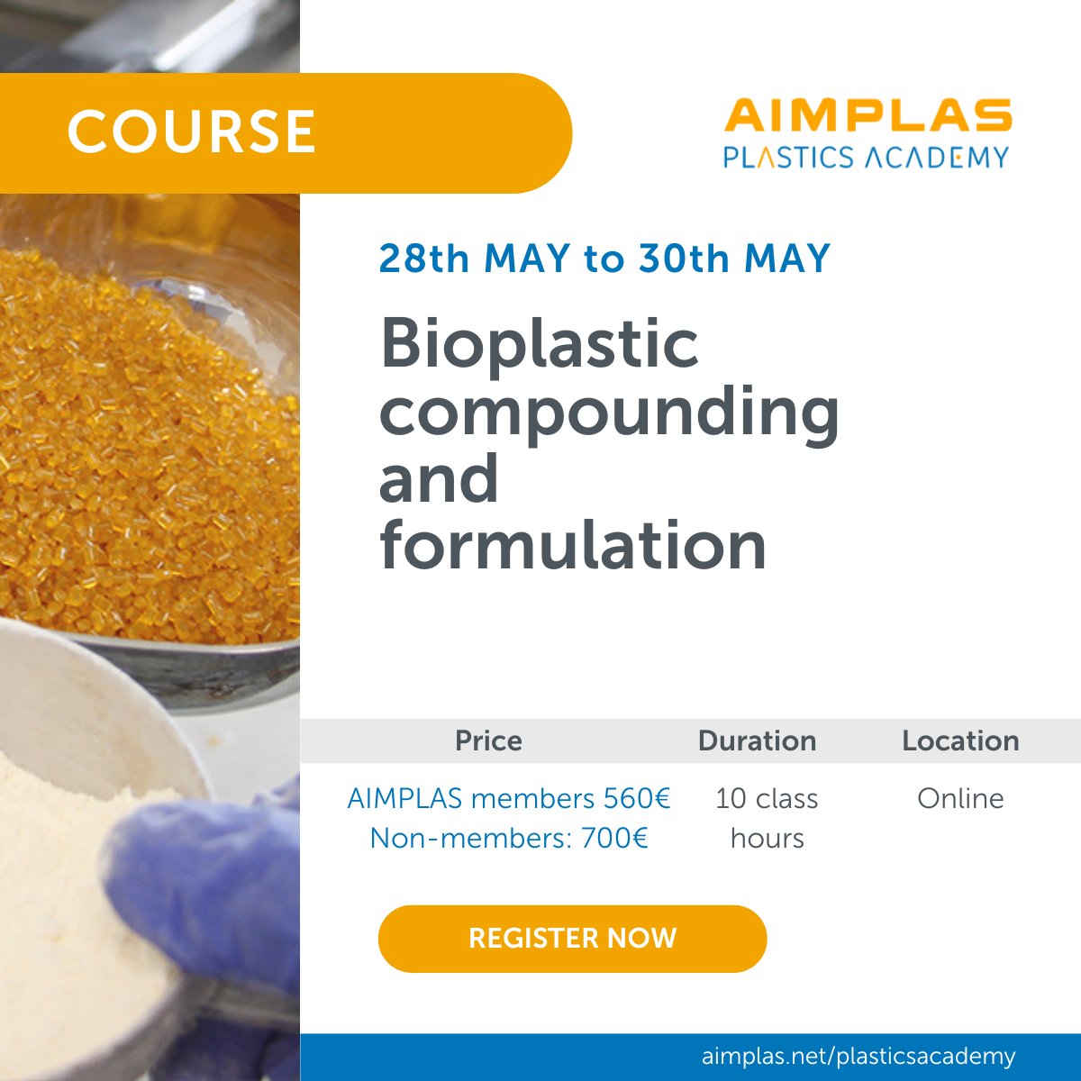 If you want to learn concepts to be able to modify bioplastics and obtain new properties or improve existing ones in order to produce their own compounds, this is your training. 📅 From 28th May to 30th May 💻 Online More information here: bit.ly/3R20NB5