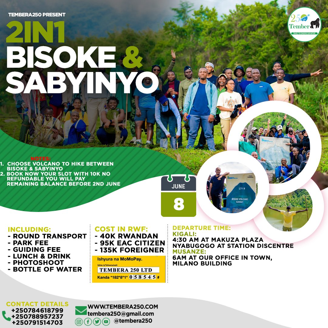📍 Rendezvous 📍 8th - June - 2024: Hiking Bisoke and Sabyinyo in @VolcanoesPark Don't plan to miss or waiting for deadline. Thank you so much for those who already book their slots. Support our initiative by retweet this post.