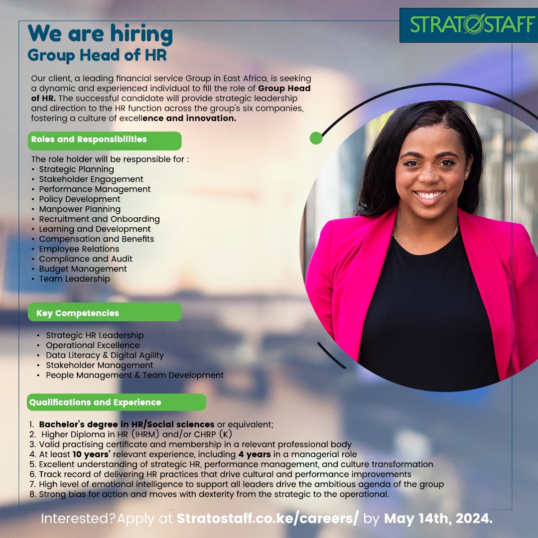 Our client, a leading Financial Service Group in East Africa, is seeking a dynamic and experienced individual to fill the role of Group Head of HR.Interested? View the full job profile and apply through stratostaff.co.ke/wp-content/plu…

#humanresources
#jobalert
#jobopportunity
#hiring
