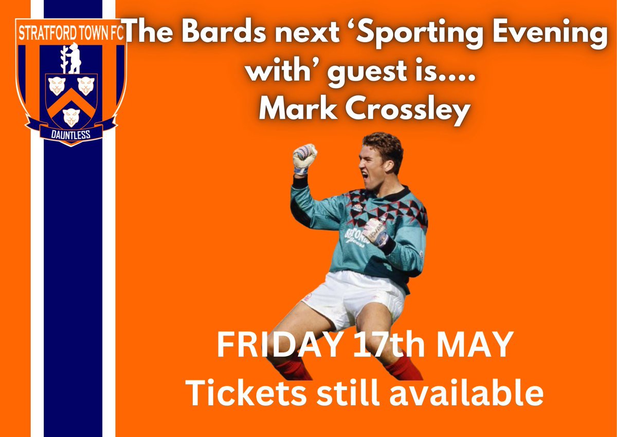 Mark Crossley is the Bards Sporting Guest next Friday evening (17th). Tickets are still available. Contact us today to make sure you don't miss out on this entertaining night at the @ArdenGarages Stadium. #MarkCrossley bookings@stratfordtownfc.co.uk