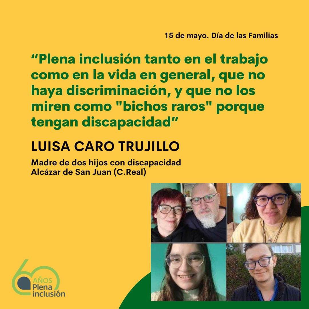 🙏 ¡¡Seguimos esperando vuestras frases y fotos para conmemorar el Día de las Familias!! 🙋🏻‍♀️Hoy, Luisa Caro (madre de dos hijos con discapacidad intelectual) destaca la importancia de eliminar el estigma asociado con la discapacidad. #elvalordelasfamilias #plena60años