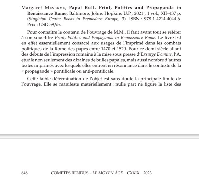 xprevost's tweet photo. Avec mon compte rendu de l’ouvrage Papal Bull. Print, Politics and Propaganda in Renaissance Rome, de Margaret Meserve ; accessible sur @Cairninfo. https://t.co/AZmtXBIjj3