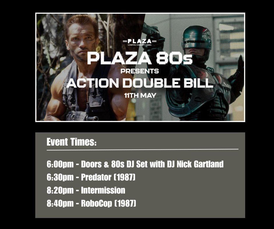 Here is a reminder of Saturday's Plaza 80s Presents Predator & Robocop show times. Doors open at 6pm, we recommend getting there early to get your preferred seats as the night will be busy. I will be on from 6pm with an 80s set. Tickets >> tinyurl.com/Plaza80sRoboco…