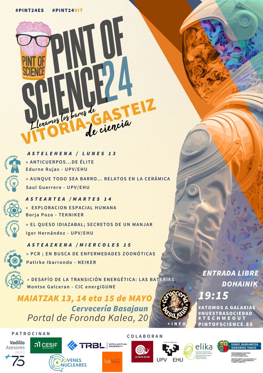 ¡Vuelve Pint of Science! Días 13, 14 y 15 de mayo en Ondarru, Donostia, Bilbao y Vitoria-Gasteiz. En la capital gasteiztarra, a las 19:30 horas, en las cervecerías 'Abisinia' y 'Basajaun'. Este sábado te lo contamos con @aitorbuendia a las 17:00 horas en @radio_vitoria #pint24vit