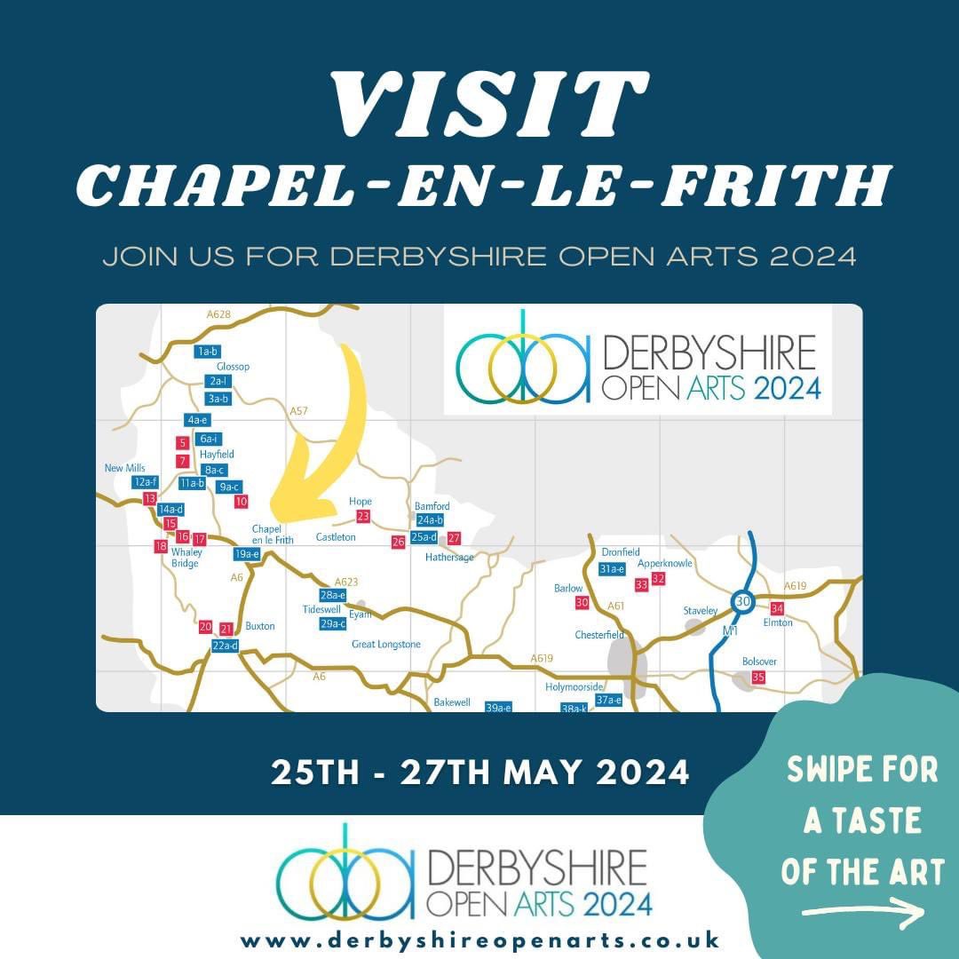 Chapel en le Frith is where our group Peak Vision Arts is based. We meet and exhibit through out the year in our lovely community hub No 89, on the high street itself. Come and visit the Capital of the Peak during Derbyshire Open Arts, we would love to see you! ☕️