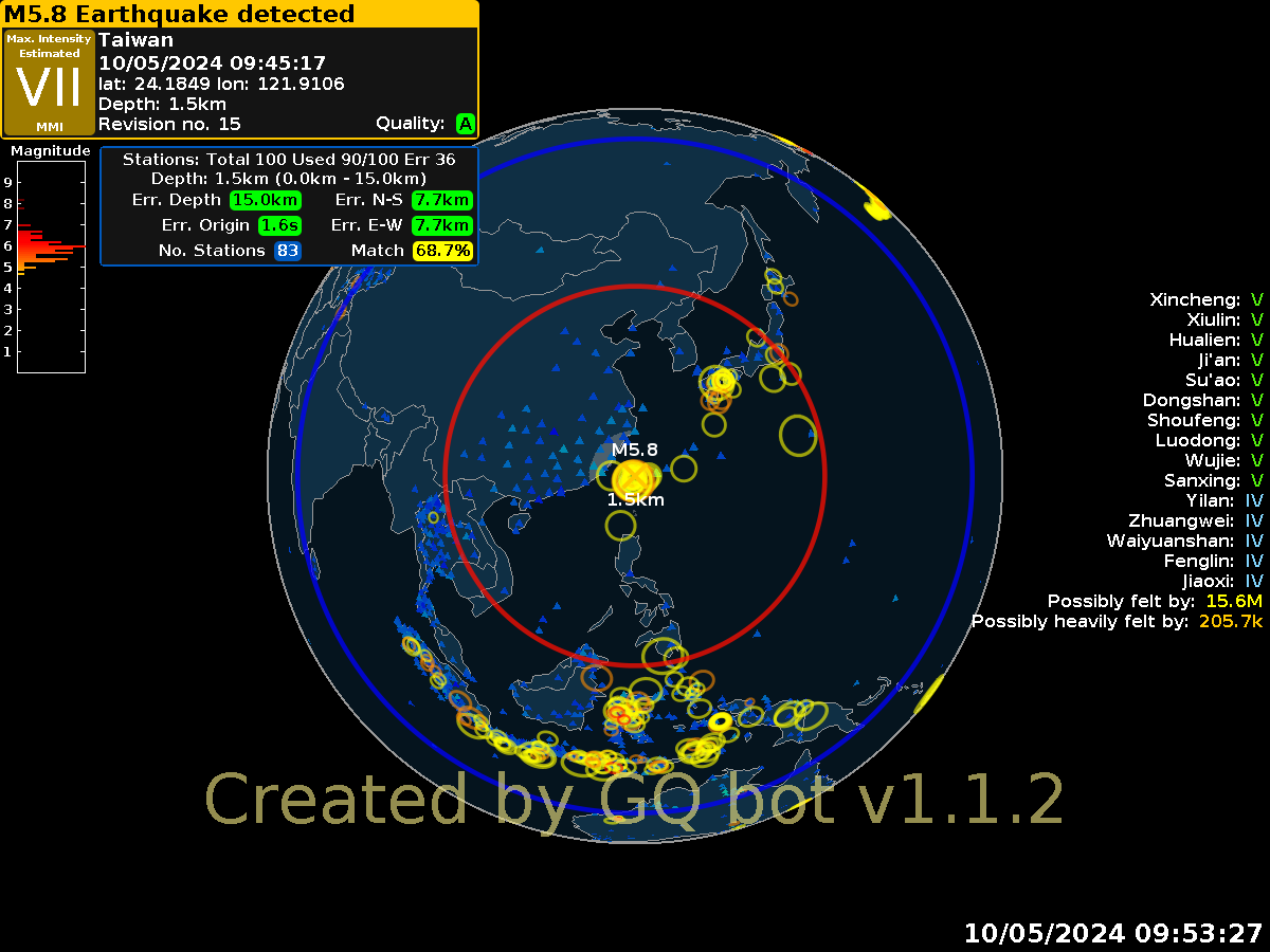 Preliminary: A strong M5.8 earthquake hits Taiwan. Time: 07:45 UTC May 10 2024. #earthquake #Taiwan