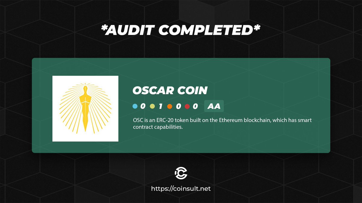 🔒 AUDIT COMPLETED FOR OSCARS COIN

🎁 GIVEAWAY: $100 (48 hours)

1⃣ Follow @oscarscoin  &amp; <a href="/CoinsultAudits/">Coinsult - Audits & Development</a>
2⃣ Join Telegram: t.me/oscarscoin
3⃣ Like, RT and place a comment 💬

Go check out the full project page of OSCARS COIN 👇
coinsult.net/projects/oscar…

#giveaway #audit