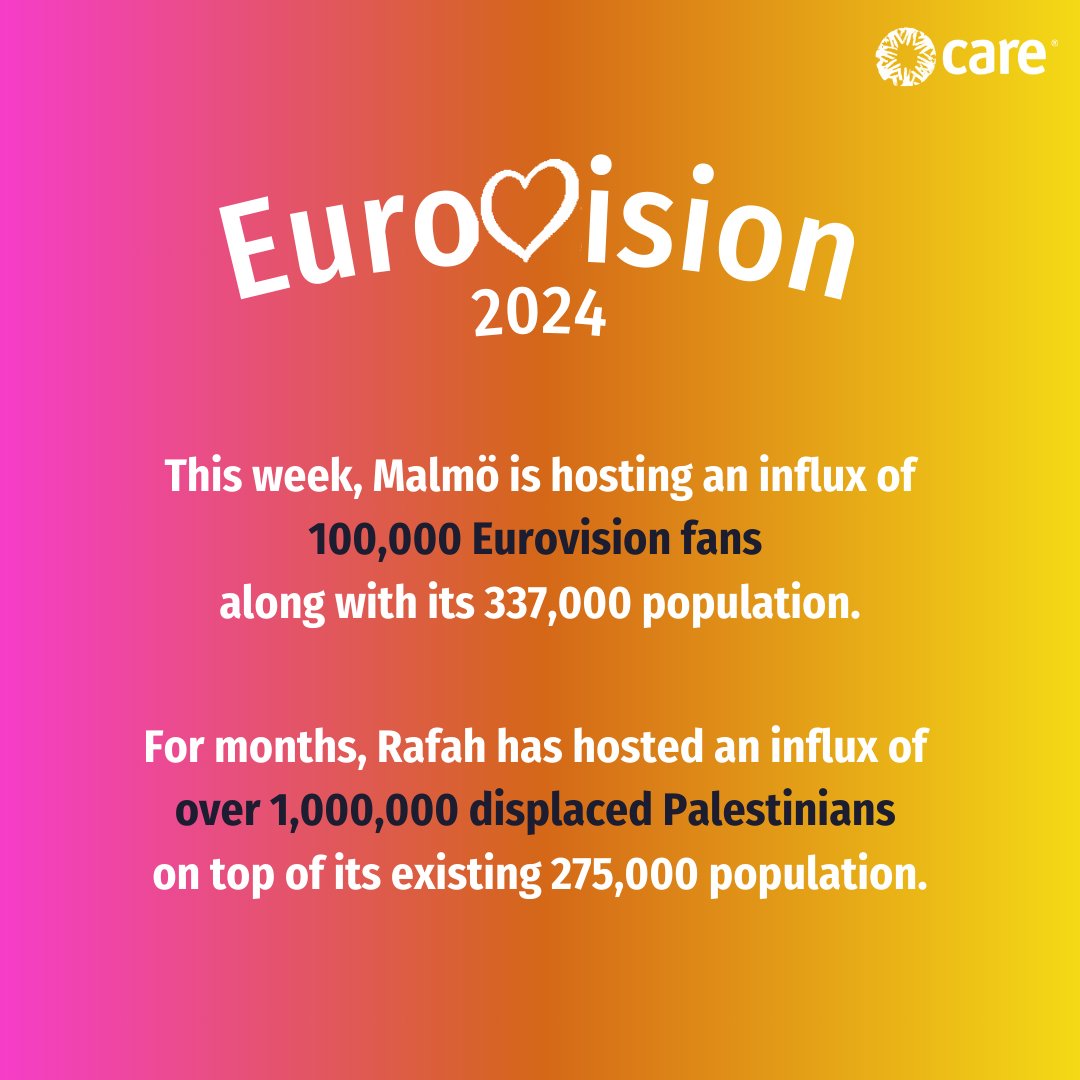 This week, while over 160 million people tune in to watch #Eurovision, our focus is on Gaza where people are experiencing displacement, loss and hunger as we continue to demand a #CeasefireNOW. How do the #Eurovision2024 facts compare to those in #Gaza?