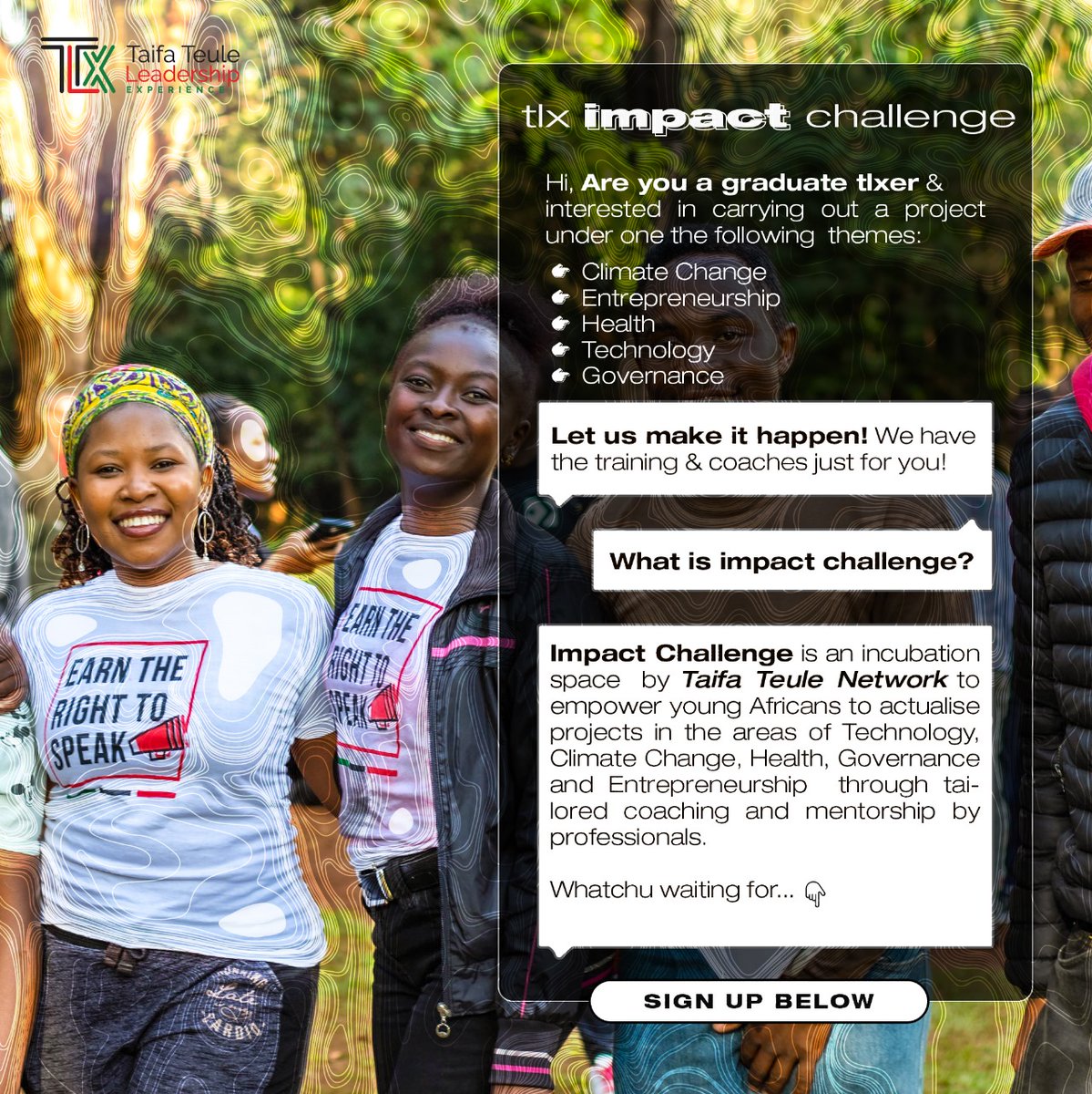 Do you want to create an impact?TLX wants to give you that space,,,, what you do just sign up? You have earned the right to speak! Now actualize it💯💯 Here is the link:forms.gle/VPe9f1j372f4Eg… #TLX #Cohort20 #impact2024