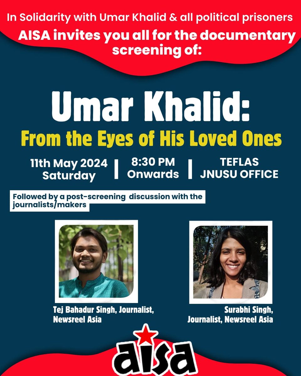 In Solidarity with Umar Khalid & all political prisoners

In Solidarity with Umar Khalid & all political prisoners

AISA invites you all for the documentary screening of:

Umar Khalid: From the Eyes of His Loved Ones

#FreeAllPoliticalPrisoners