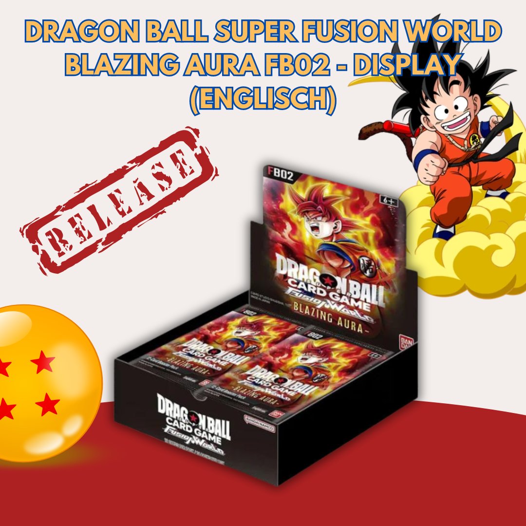 Ein #Saiyajin hat keine Grenzen.
Heute feiern wir den #Release von Dragon Ball Super Fusion World Blazing Aura FB02 - (englisch)

- 144 Kartentypen
- neue Charaktere

l8r.it/AbLo

#gttg #dragonBall #FusionWorld #BlazingAura