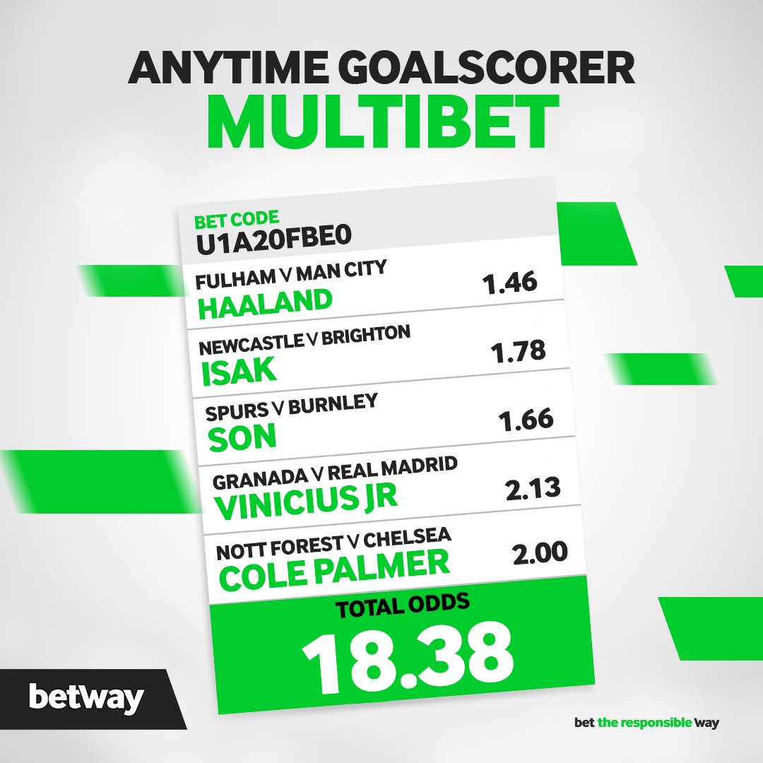 If all of these players score this weekend you can get 1⃣8⃣ X your wager Haaland⚽️ Isak⚽️ Son⚽️ Vinicius Jr⚽️ Palmer⚽️ How many of these players do you think will get onto the scoresheet? Bet here👉bit.ly/3A4KXvJ-Betway…