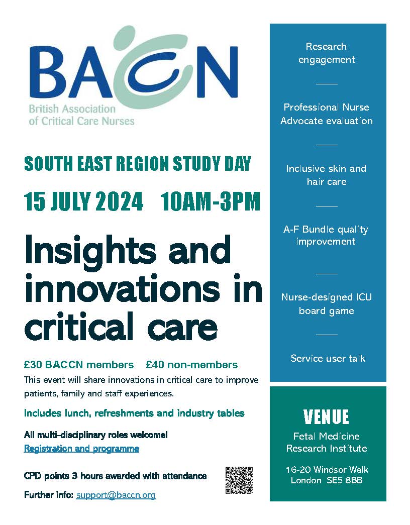 BACCN South East Region are pleased to invite you to a study day on Insights and Innovations in Critical Care on Monday 15th July 2024, 10:00 to 15:00, London. See more and book baccn.org/meeting-bookin…