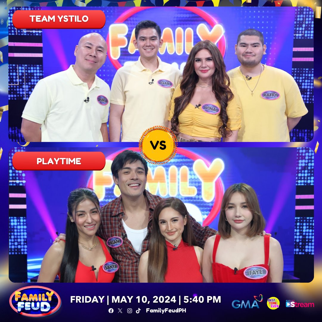 TEAM YSTILO is led by Vina Morales with her nephews Raffy Moreno & Gab Moreno, and Doc JM, her psychiatrist-friend. While PLAYTIME is headed by Xian Lim with Sanya Lopez, Coleen Garcia, and Faye Lorenzo! 😍 #FamilyFeudPH | May 10, 2024 #FeudVinaMoralesVSXianLim #BestTimeEver