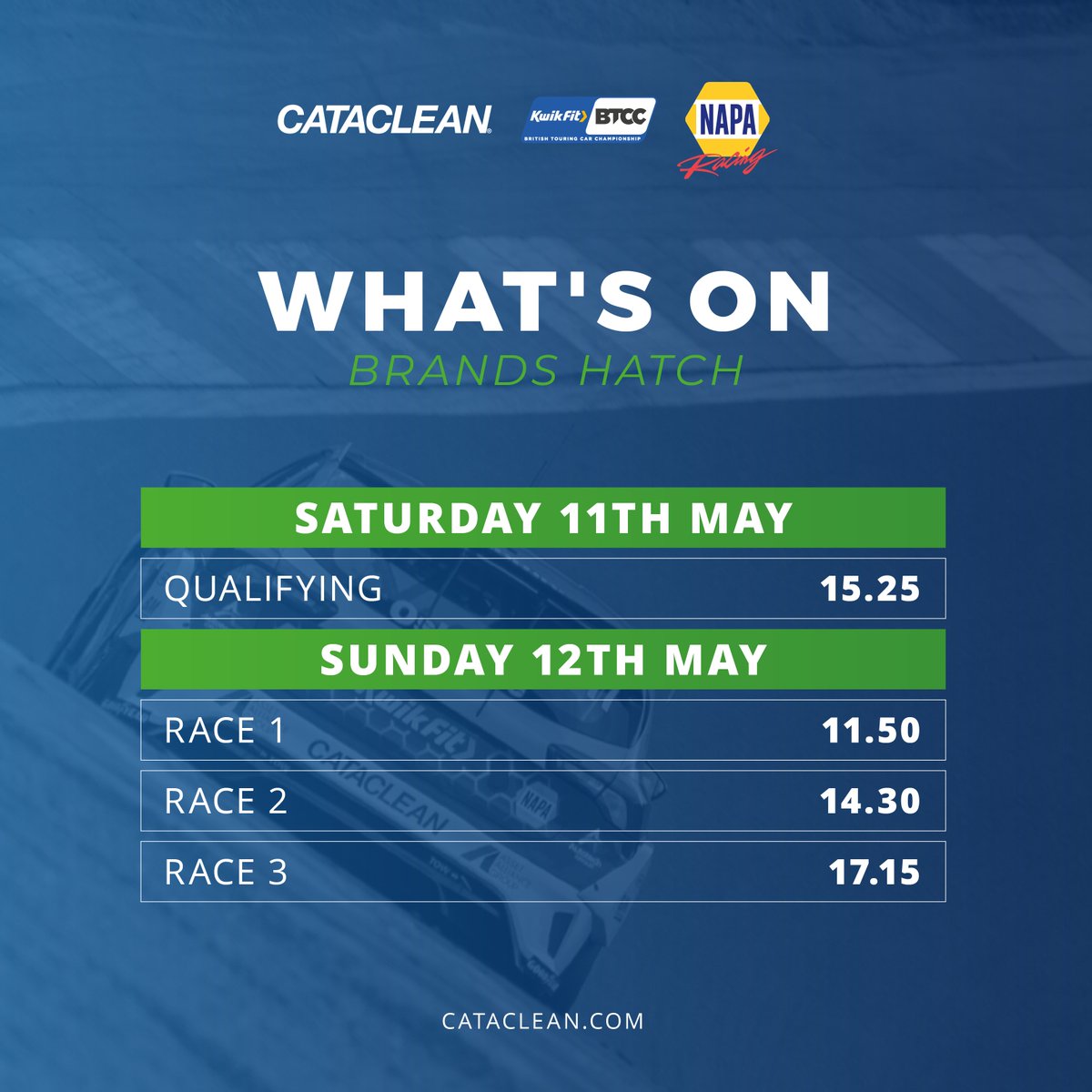 Here's your full weekend schedule, whether you plan to catch the action trackside or the comfort of your sofa! Tune in to ITV4 this Sunday for live coverage 📺 #Cataclean #NAPARacingUK #BTCC