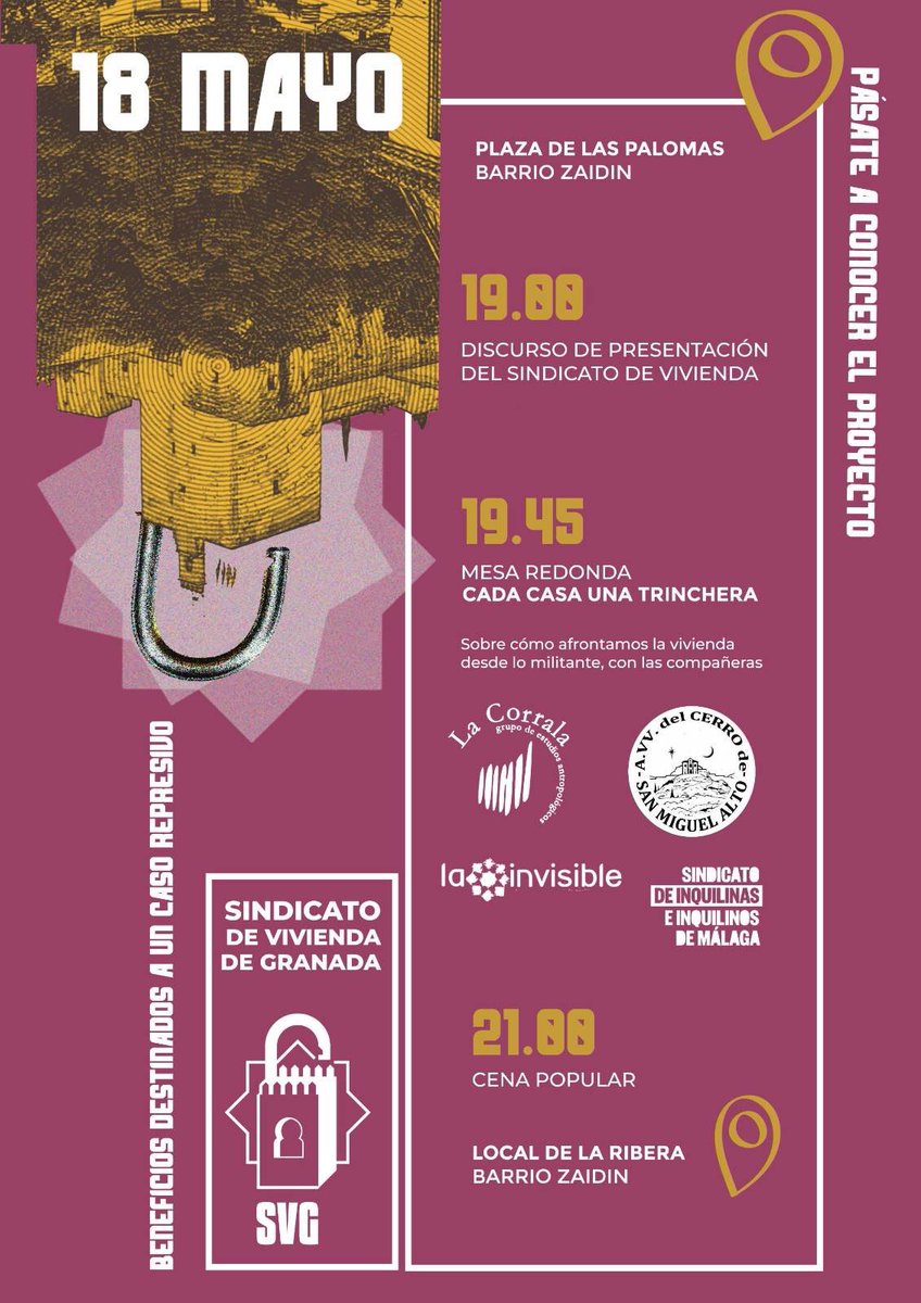 SVGranada's tweet photo. ¡Buenas noticias!
Esta será la programación de la jornada de presentación del SVG. Acércate a conocer el proyecto si estás interesade en organizarte frente a rentistas y especuladores. Habrá debate y posterior cena. ¡Nos vemos el sábado 18 de Mayo en la Plaza de las Palomas! https://t.co/uDn4Ushvmq