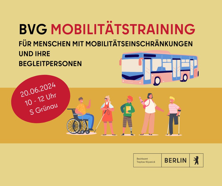 #REMINDER Die BVG bietet in #Köpenick ein #Mobilitätstraining für Menschen mit Beeinträchtigungen an 🚋 💛 📍 S-Bhf. #Grünau, an der Haltestelle Pos. 5 (Linie N62) in der Richterstraße vor dem Einkaufszentrum 📆 20.06. 🕙 10-12 Uhr ℹ️ sohub.io/lugy