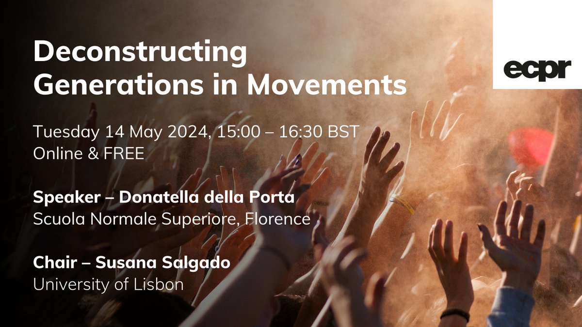 🚫 Do crises truly halt political engagement among the youth? 💡 Get insights in the next #ECPRHouseSeries lecture as Donatella della Porta sheds light on the evolving role of young people in #SocialMovements 📅 14 May, 15:00–16:30 BST ✍️ Register FREE: ecpr.eu/Events/273