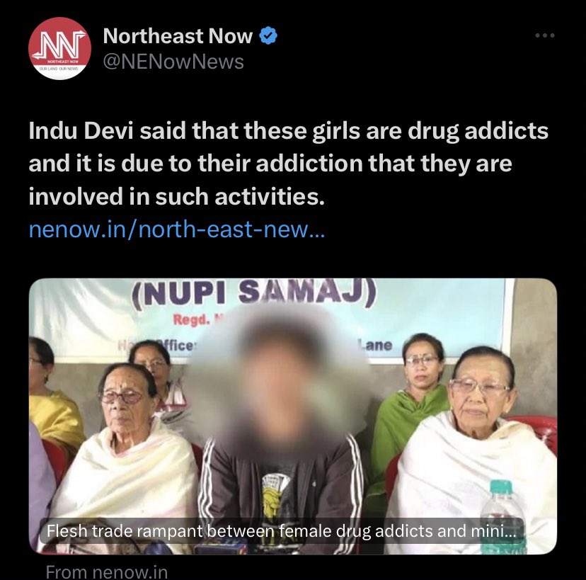 “An alleged flesh trade among female drug addicts has unfolded, implicating pimps and Meitei ministers”

The hypocrisy of it coming from the same community who labelled us as drug peddlers and whatnot’s.

No Kukis in Manipur yet who supplies it to them ⁉️
#MeiteiRapistCommunity