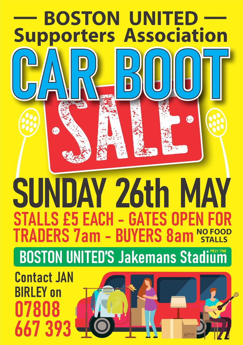 We are hosting another Car Boot Sale at the Jakemans Community Stadium!

It will be hardstanding (in the car park) with ample parking, and there will also be refreshments available provided by the Club.
