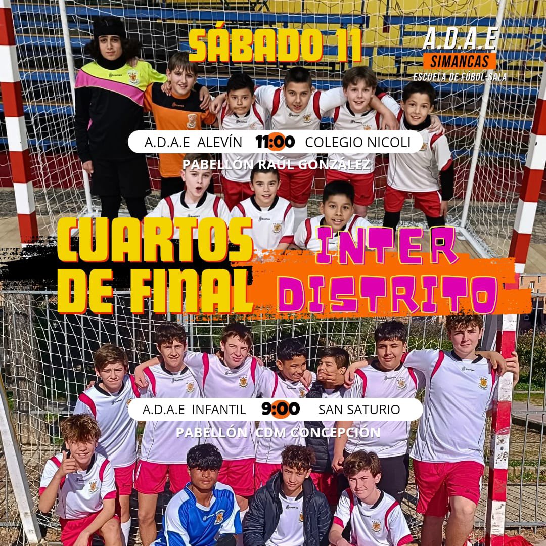 A.D.A.E.SIMANCAS (@adaesimancas) on Twitter photo ⚽️ Nueva jornada de fútbol sala para los más peques del club.
💪🏻 Damos todo nuestro apoyo al alevín y al infantil, donde mañana jugarán los cuartos de final.
#ElOrgulloDelBarrio 🧡 ⚽️ Nueva jornada de fútbol sala para los más peques del club.
💪🏻 Damos todo nuestro apoyo al alevín y al infantil, donde mañana jugarán los cuartos de final.
#ElOrgulloDelBarrio 🧡