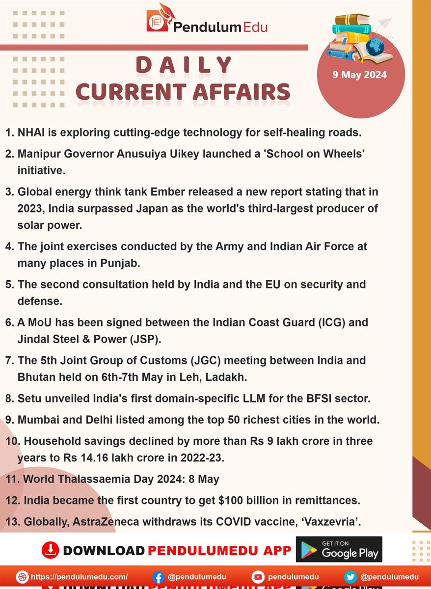 🌹Current Affairs🌹 Here 👇👇 is the important Current Affairs of 9th May, 2024. #UPSC #TSPSC #APPSC #KPSC #RPSC #GPSC #NPSC #TNPSC #CurrentAffairs #May #GS (Data courtesy: #PendulumEdu)