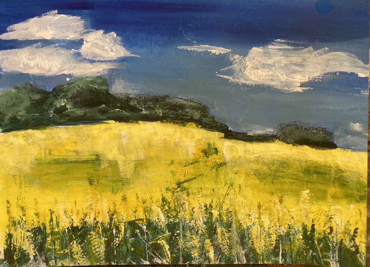 My most recent acrylic painting of oilseed rape fields buzzing with bees near Guildford