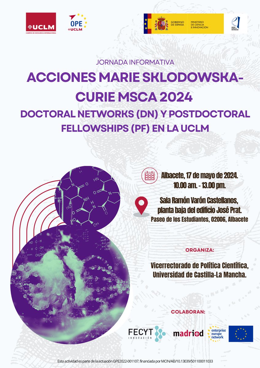 Vicerrectorado de Política Científica de la UCLM (@vpinvestigauclm) on Twitter photo Acciones MSCA 2024 - Doctoral Networks y Postdoctoral Fellowships en la <a href="/uclm_es/">Universidad de Castilla-La Mancha</a> junto a <a href="/madrimasd/">Madri+d</a> y <a href="/FECYT_Ciencia/">FECYT</a>. Estas convocatorias de <a href="/HorizonteEuropa/">Horizonte Europa</a> promueven el desarrollo de carreras profesionales científicas.
Atención: 17 de mayo!!!
Más info: eventos.uclm.es/116289/detail/… Acciones MSCA 2024 - Doctoral Networks y Postdoctoral Fellowships en la <a href="/uclm_es/">Universidad de Castilla-La Mancha</a> junto a <a href="/madrimasd/">Madri+d</a> y <a href="/FECYT_Ciencia/">FECYT</a>. Estas convocatorias de <a href="/HorizonteEuropa/">Horizonte Europa</a> promueven el desarrollo de carreras profesionales científicas.
Atención: 17 de mayo!!!
Más info: eventos.uclm.es/116289/detail/…