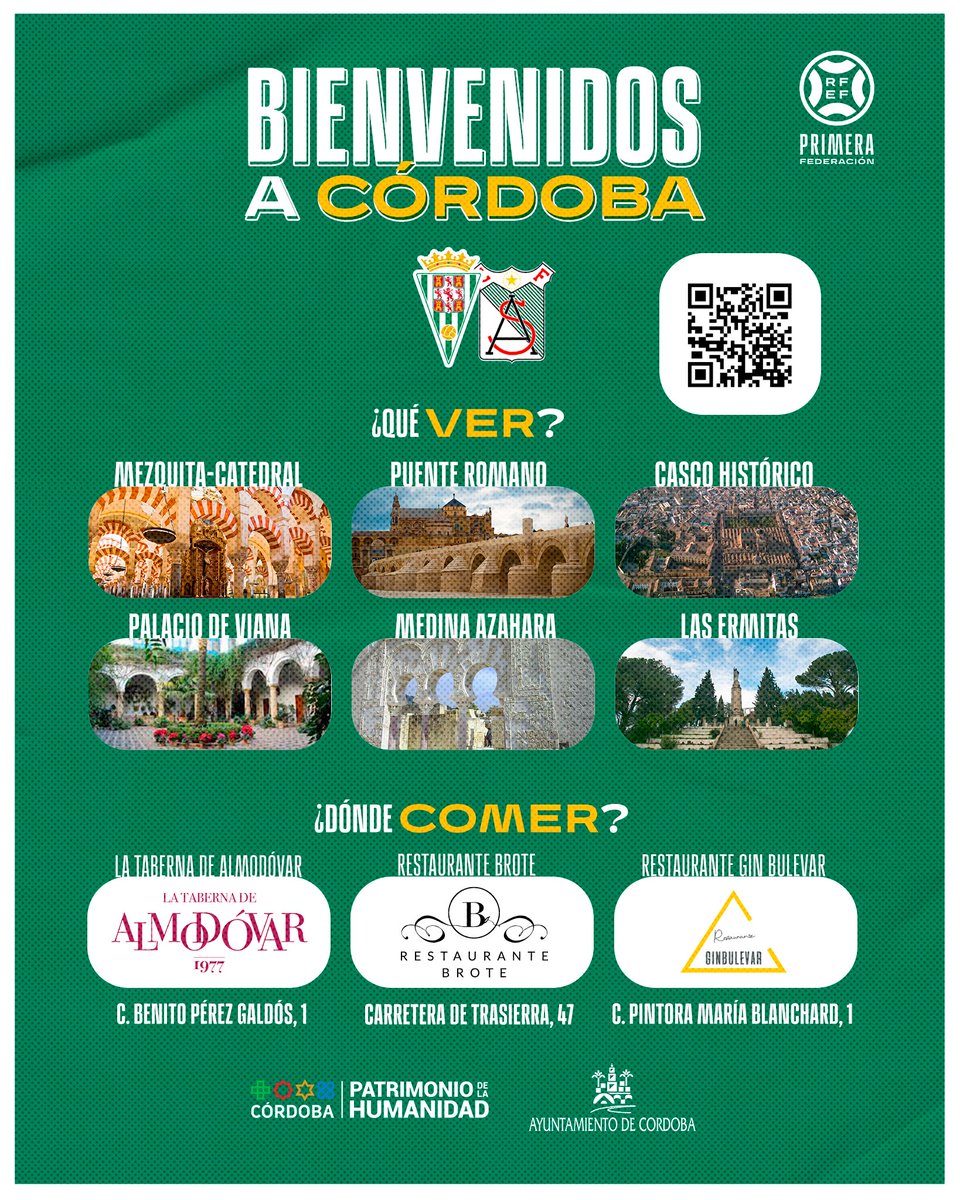 🤗 Queremos dar la bienvenida a Córdoba al @atcosanluqueno y su afición 🥰Esperamos que os sintáis como en casa en la ciudad más bonita del mundo🌍 👉Recomendaciones para ver y lugares donde comer 👀🕌🍽 ¡Nos vemos mañana en El Reino🏟! #BienvenidosACórdoba | #CórdobaCF