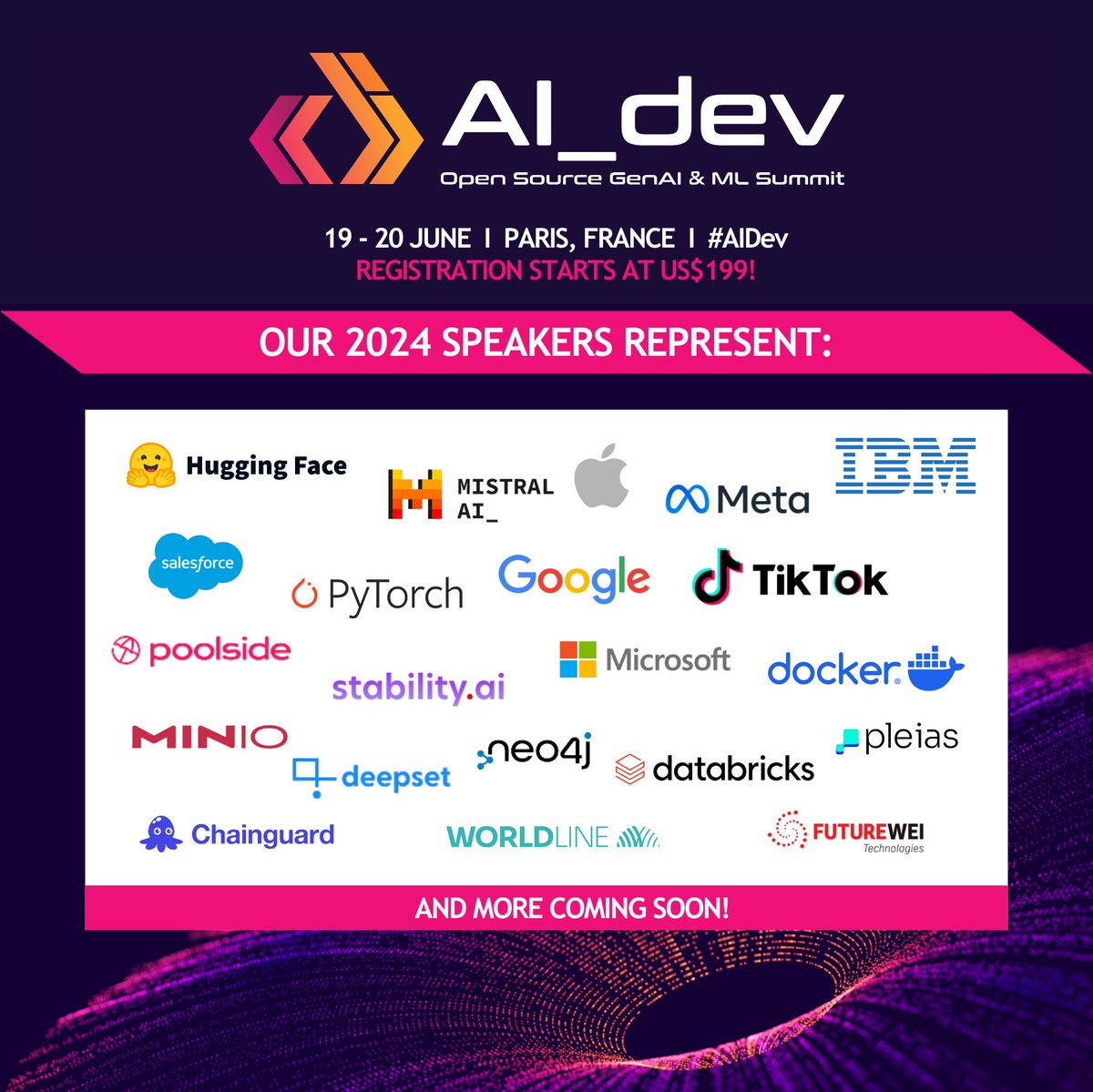 🚀 #AIDev is on fire + going LIVE 19-20 June in Paris! Register by June 2 & SAVE: hubs.la/Q02wM8wF0 Our speaker line-up is bringing the heat representing companies including: @huggingface @MistralAI @Meta @StabilityAI @PyTorch + MORE! Schedule: hubs.la/Q02wM70q0