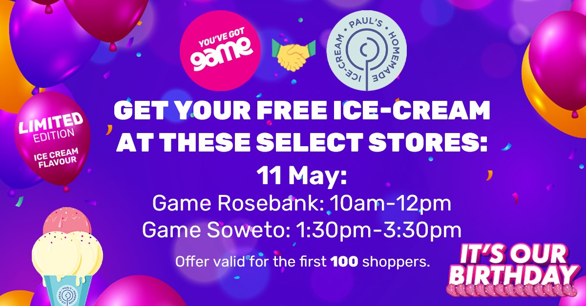 Nice treat, anyone? Shopping at Game pays, shop for everything you need and get a FREE @Paulshomemadeicecream at these selected stores. Ts&Cs apply. #GameBirthday #GotGame