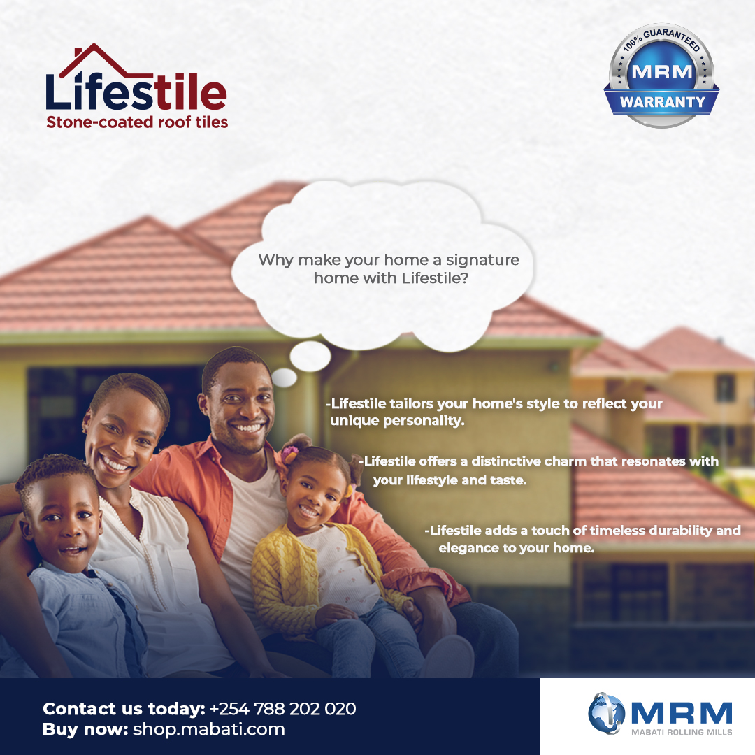 Are you dreaming of your perfect home? 🏡Protect your family's future with a roof that lasts generations with Lifestile stone-coated roofing tiles, the ultimate in durability and style. Visit shop.mabati.com and turn your dream into reality. #MRM #Lifestile #SignatureHome