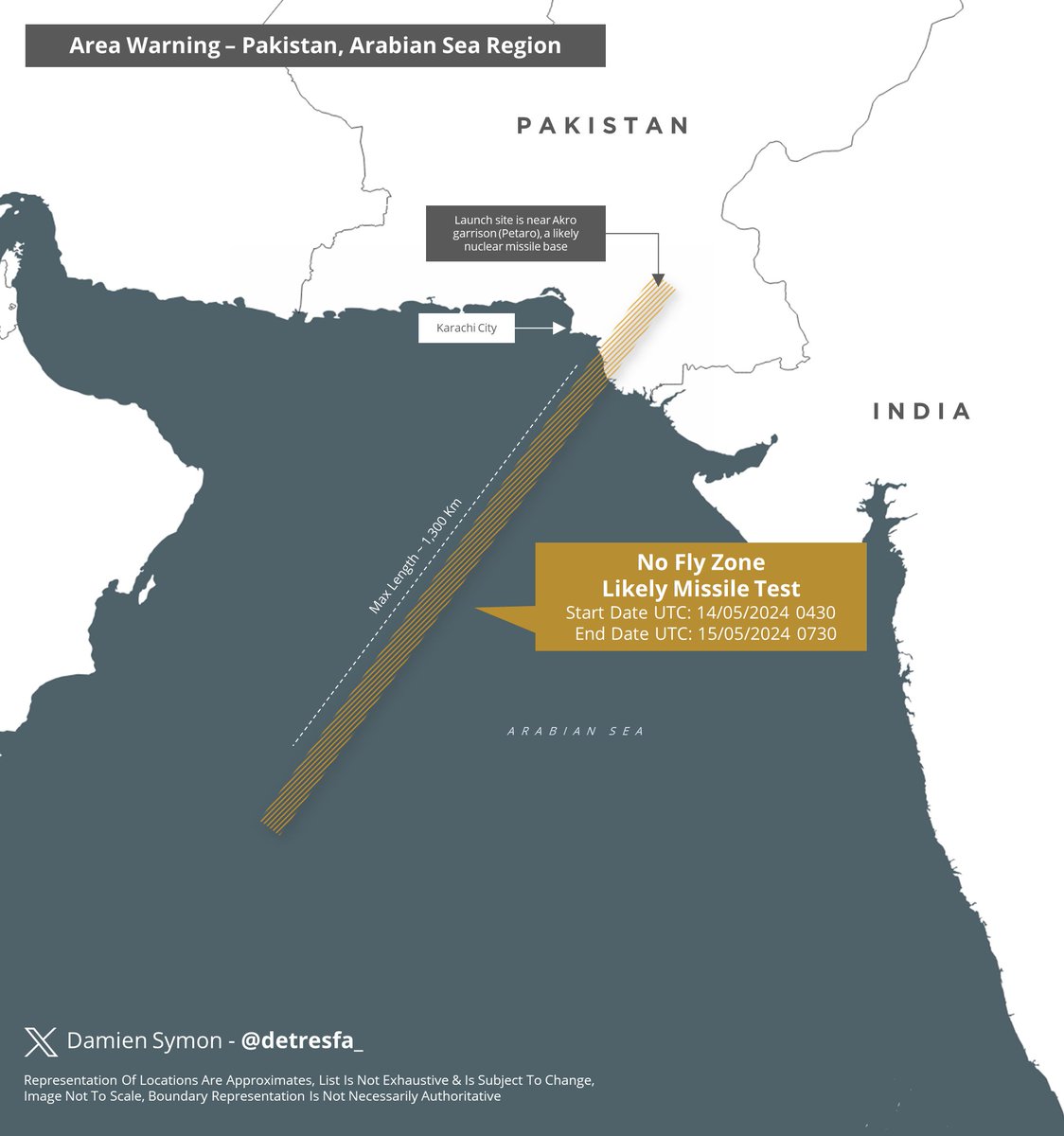 #AreaWarning #Pakistan issues a notification for a no fly zone over the Arabian Sea indicative of a likely missile test - Date | 14-15 May 2024