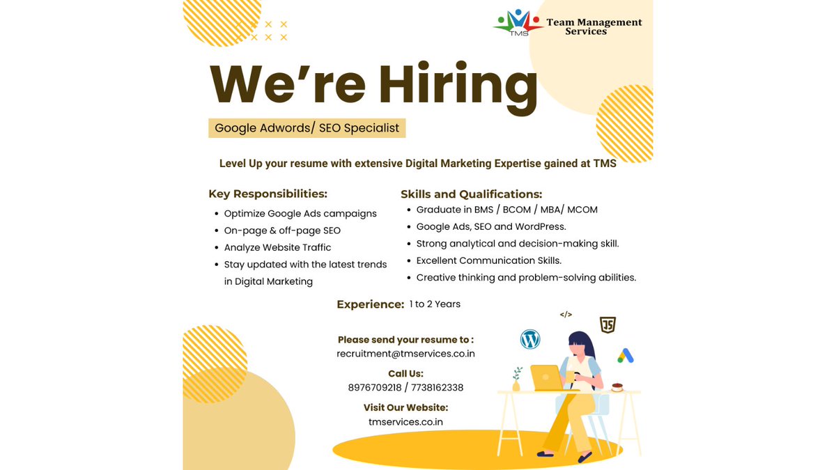 Passionate about PPC and SEO? We want you! Join our team as a Google AdWords and SEO Specialist. 

recruitment@tmservices.co.in | 8976709218 – 7738162338 

#tms #hrmode #hr #hrservices #hroutsourcing #hrsolutions #mumbai #friday #GoogleAds #SEO #digitalmarketing #SEM #PPC