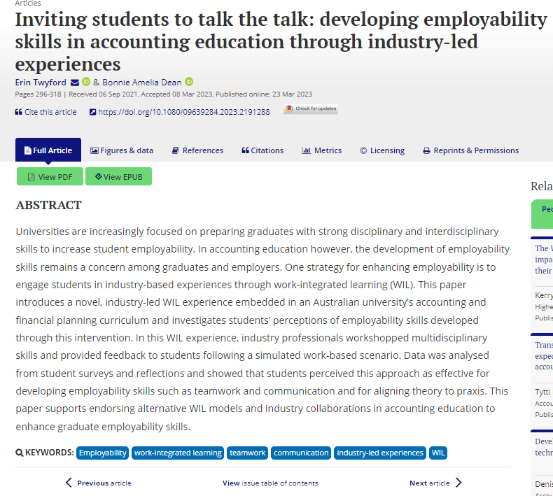 🎉 Excited to see our paper assigned an issue number in #AccountingEducation @tandfonline Our paper explores enhancing employability skills in accounting education through industry-led experiences. 📚👩‍💼 @erintwyford Check out the full paper: lnkd.in/gVApeZuF