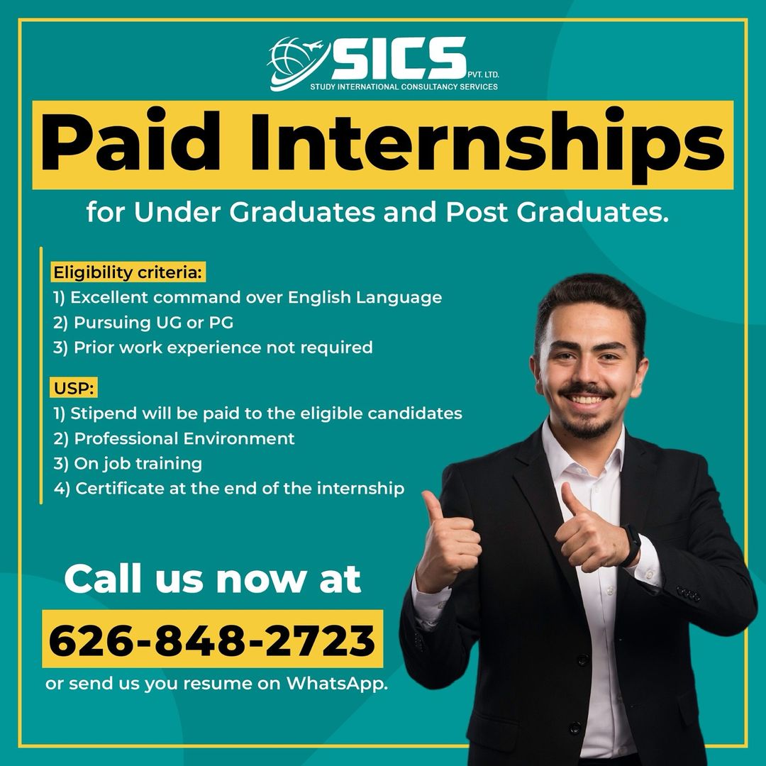 Paid Internships for Under Graduates and Post Graduates.

Eligibility criteria:
1) Excellent command over English Language
2) Pursuing UG or PG
3) Prior work experience not required

Call us now at 626-848-2723 or send us you resume on WhatsApp.

#internshipingwalior