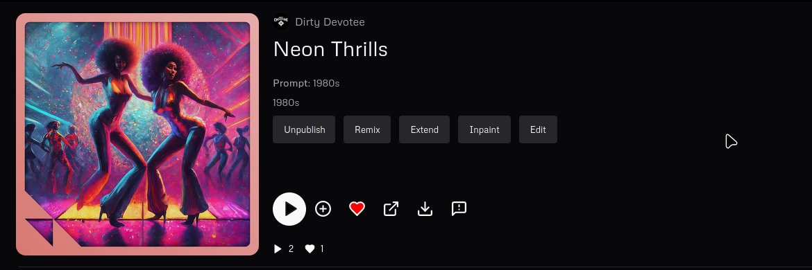 My newest #AIMusic track 'Neon Thrills' is now live. This is my tribute to the early 1980s--when disco was giving way to electronica. It's got a Bananarama meets The Go-Gos sound. #Udio #AIAudio udio.com/songs/wD9L6uEj…