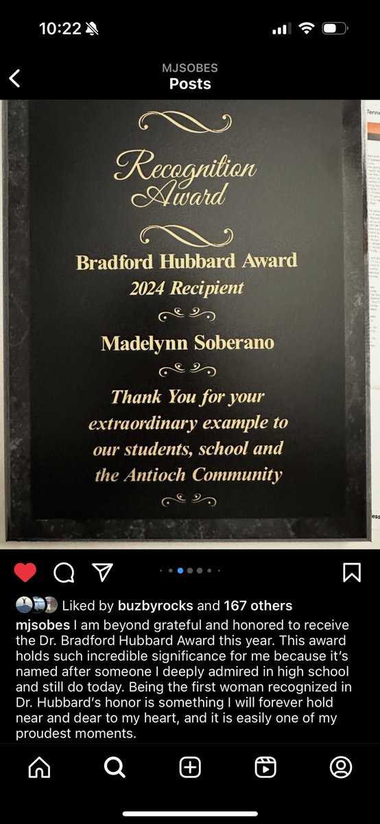 So surreal. A former student is now crushing it as a teacher and is the recipient of an award tied to me. I am honored to have our names on the same plaque and humbled to have been a small part of her amazing journey. Continue to #makeitmatter, @MadelynnSobes! Proud of you…